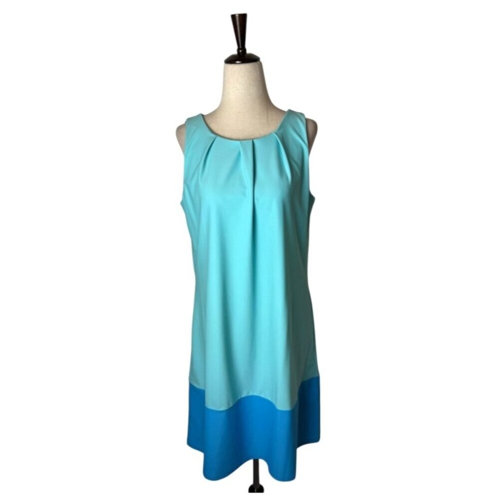 Jude Connally Dress Women Medium Blue Jersey Knit Pleated Sleeveless Shift Dress